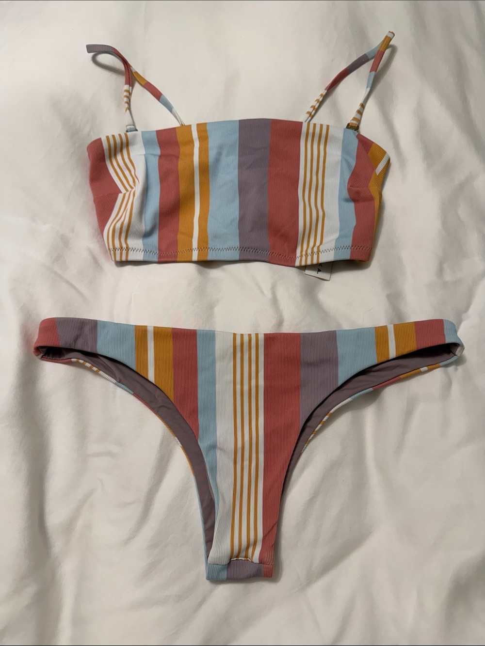 Vitamin A Striped Bikini in Dusty Rose, Sky Blue & Mustard
